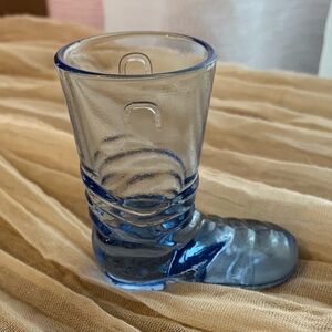 Vintage Blue Glass Boot Toothpick Holder Horseshoes & Star Embossed Japan 2”
